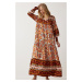 Happiness İstanbul Women's Brick Orange Print Oversize Long Viscose Dress