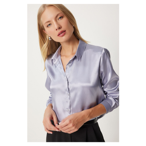 Happiness İstanbul Women's Gray Lightly Draped Satin Surface Shirt