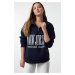 Trendyol Navy Blue Oversize Thick Polar Fleece Inside Slogan Printed Zippered Knitted Sweatshirt