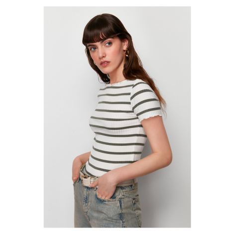 Trendyol Khaki Striped Boat Rock Short Sleeve Regular/Normal Cut Ribbed Stretch Knitted Blouse