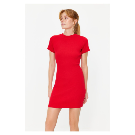 Trendyol Red Body Fitted Short Sleeve Crew Neck Mini Ribbed Stretchy Knitted Pencil Dress