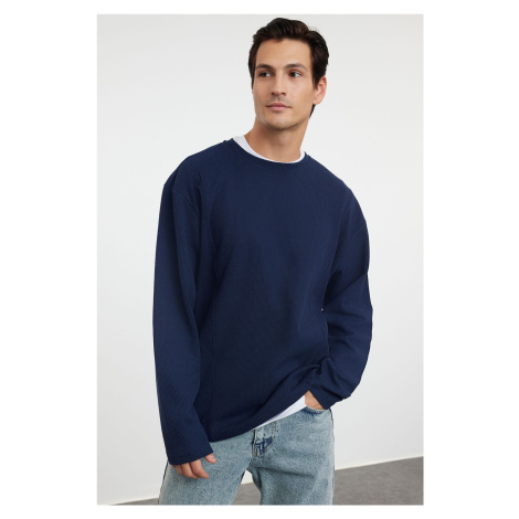 Trendyol Navy Blue Oversize/Wide Cut Stitch Detail Textured Crew Neck T-Shirt