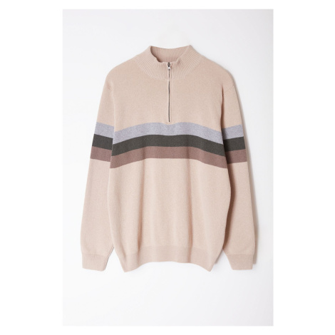 Trendyol Beige Regular Cotton Half Turtleneck Color Block Knitwear Sweater