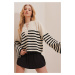 Trend Alaçatı Stili Women's Cream Crew Neck Gold Buttoned Striped Knitwear Sweater