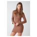 GRIMELANGE Cutie Women's Ribbed Flexible Fabric Bodycon Fit Metal Buttoned Mini Brown Dress