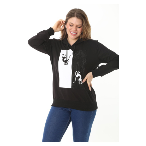 Şans Women's Plus Size Bone Stones And Print Detailed Hooded Sweatshirt