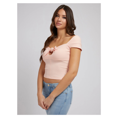 Light pink Women Ribbed Cropped T-Shirt with Bow Guess Vale - Women