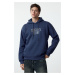 Trendyol Indigo Oversize/Wide Cut Hooded Sweatshirt with Patterned Text Printed Fleece Inside