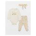 LC Waikiki Crew Neck Long Sleeve Printed Baby Girl's Snap Fastener Body Pants and Hair Band 3-Se