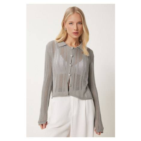 Happiness İstanbul Women's Gray Lightweight Transparent Polo Collar Summer Knitwear Cardigan