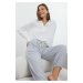 Trendyol White-Grey 100% Cotton Tie and Slogan Elastic Detailed Knitted Pajama Set