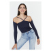Trendyol Navy Blue Piping Detail Fitted/Slippery Carmen Collar Crop Corduroy Stretch Knitted Blo
