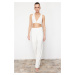Trendyol White Pleated Wide Leg / Wide Leg Lined Stretchy Knitted Trousers