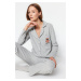 Trendyol Gray Melange Cotton Teddy Bear Embroidered Shirt-Pants Knitted Pajama Set