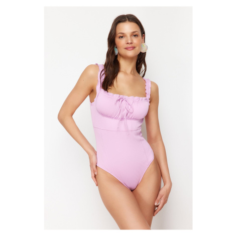 Trendyol Pink Square Collar Ruffled High Leg Regular Swimsuit