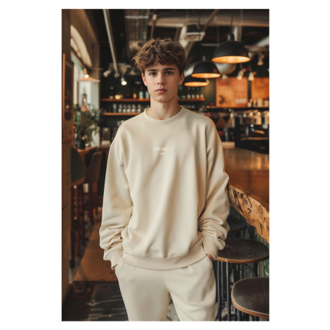 Trendyol Beige Oversize/Wide Cut Embossed Text Printed Sweatshirt