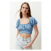 Trendyol Blue Crop Sleeve Detailed Woven Blouse