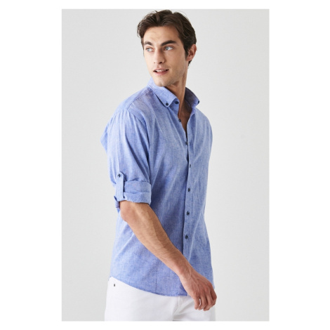 AC&Co / Altınyıldız Classics Men's Saks Blue Comfort Fit Relaxed Cut Linen Buttoned Collar Casua
