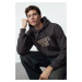 Trendyol Anthracite Oversize/Wide Cut Hooded Sweatshirt with Patterned Text Printed Fleece Insid