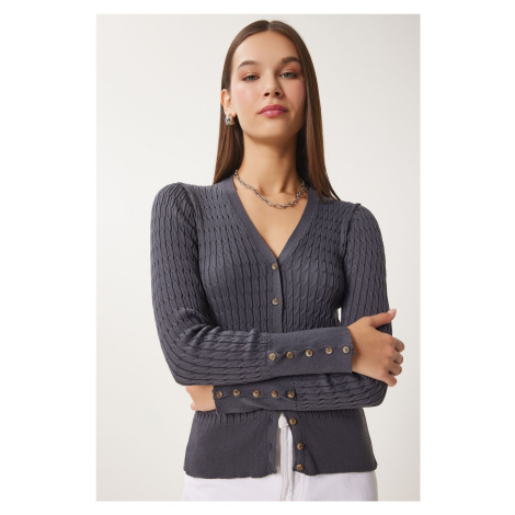 Happiness İstanbul Women's Anthracite Thessaloniki Knit Detail Wrap Knitwear Cardigan