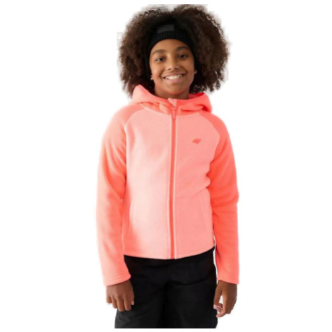 Dievčenská flisová mikina so zipsom 4F JUNIOR FLEECE-JWAW24TFLEF208-64N-SALMON CORAL NEON