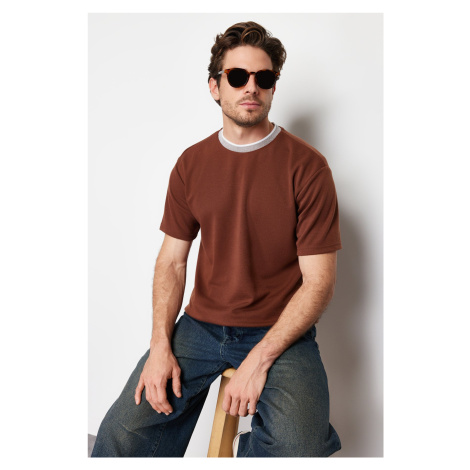 Trendyol Limited Edition Brown Oversize/Wide Cut Knit Banded Textured Pique T-Shirt