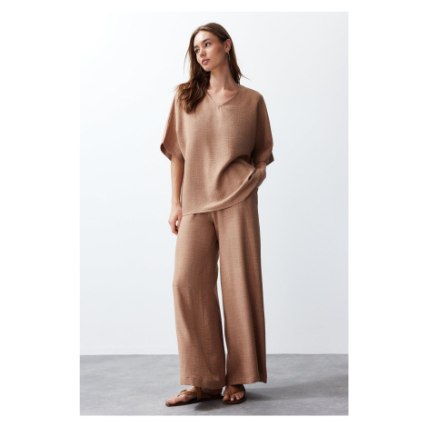 Trendyol Camel V-Neck Woven Blouse-Pants Set