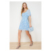 Trendyol Blue Floral Print A-Cut Chiffon Lined Mini Woven Dress