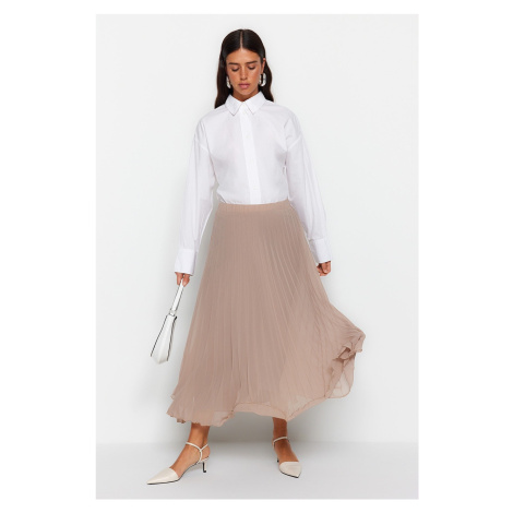 Trendyol Beige Pleated Woven Chiffon Skirt With Elastic Waist Lined and