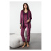 Trendyol Plum 3-Piece Belted Lace Detailed Velvet Knitted Pajama Set