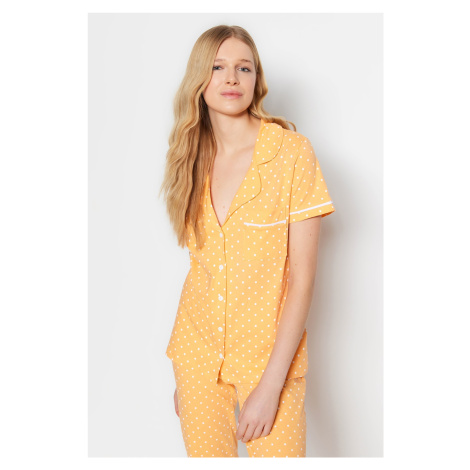 Trendyol Peach 100% Cotton Piping Detailed Polka Dot Shirt-Pants Knitted Pajama Set