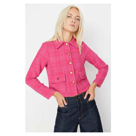 Ružová prispôsobená károvaná tkaná bunda s vreckami od Trendyol