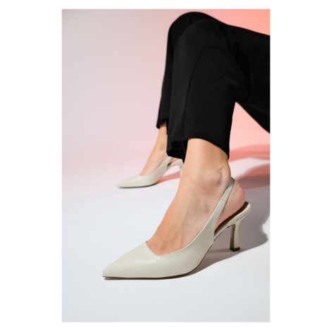 LuviShoes FLEM Women's Ecru Skin Pointed Toe Open Back Thin Heel Shoes