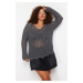 Trendyol Curve Anthracite V-Neck Openwork Thin Knitwear Sweater