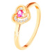 Zlatý prsteň 585 - ružové zirkónové srdiečko v dvojitom obryse - Veľkosť: 65 mm