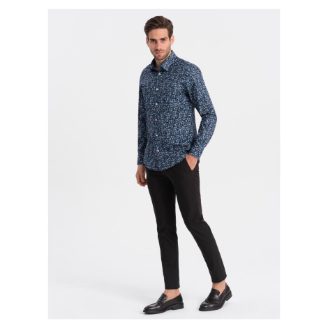 Ombre Men's SLIM FIT patterned cotton shirt - dark blue