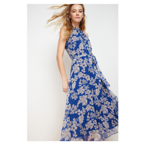 Trendyol Navy Blue Floral Print Belted A-line Halter Neck Sleeveless Midi Lined Woven Dress