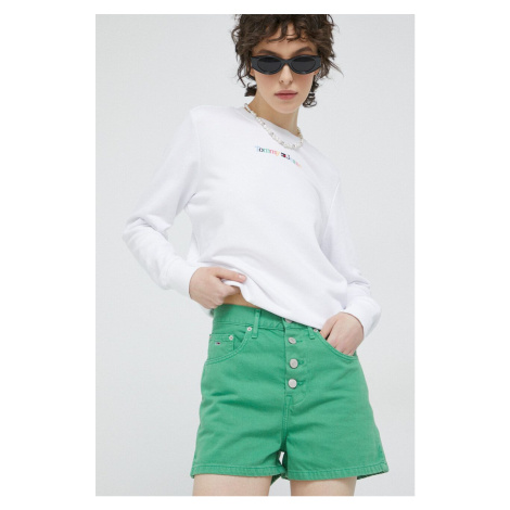 Rifľové krátke nohavice Tommy Jeans dámske, zelená farba, jednofarebné, vysoký pás Tommy Hilfiger