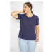 Şans Women's Navy Blue Plus Size Self Striped Short Sleeve Blouse