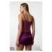 Trendyol Plum Lace and Back Detailed Rope Strap Satin Woven Pajama Set