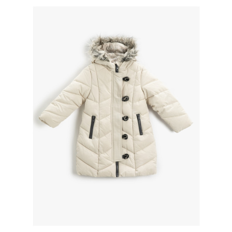 Koton Quilted Long Coat Padded Faux Für Detailed Hooded Buttoned