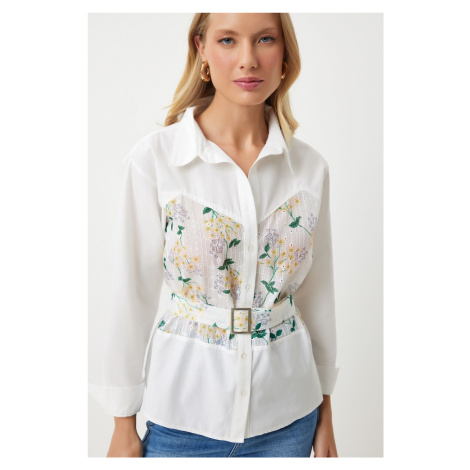 Happiness İstanbul Women's Ecru Yellow Floral Embroidery Detailed Woven Shirt