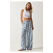 Happiness İstanbul Women's White Light Blue Patterned Raw Linen Palazzo Trousers