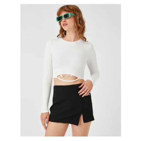 Koton Crop T-Shirt Long Sleeve with Metal Accessories and Window Detail