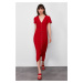 Trendyol Red Straight Cut Button Detail V-neck Midi Woven Dress