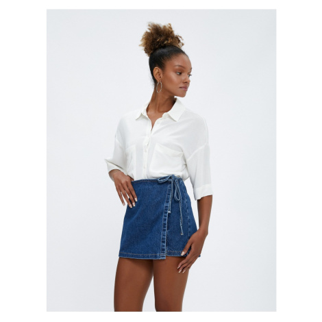 Koton Crop Shirt Linen Blend Off Shoulder Short Sleeve Pocket Detailed