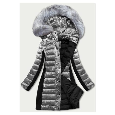 Šedá dámska zimná bunda z rôznych spojených materiálov (DK067-45)