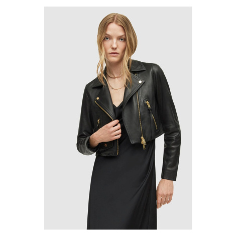 Kožená bunda AllSaints dámska, čierna farba, prechodná,
