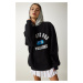 Happiness İstanbul Women's Black Hooded Rack Printed Sweatshirt