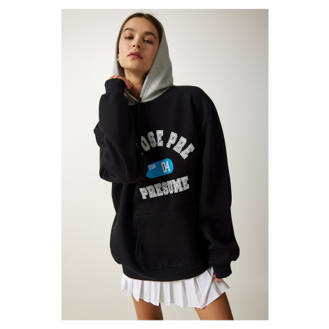 Happiness İstanbul Women's Black Hooded Rack Printed Sweatshirt